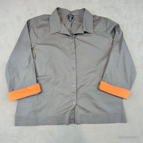 Eileen Fisher Large Cotton Gray Button Down Shirt Business Casual Cuff Sleeve — photo 2